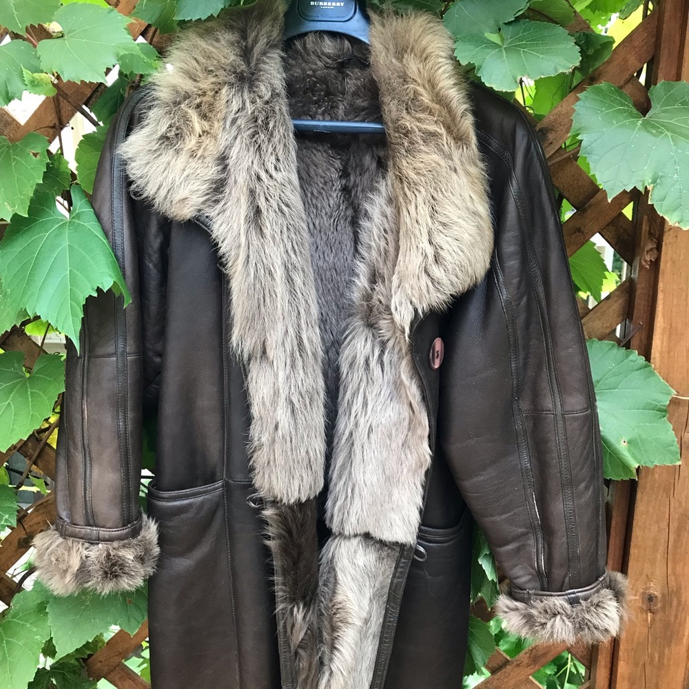 Italian fox and leather knee length winter coat
